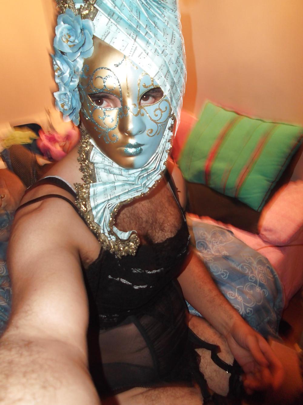 18P Crossdresser black sexy lingerie stockings and mask