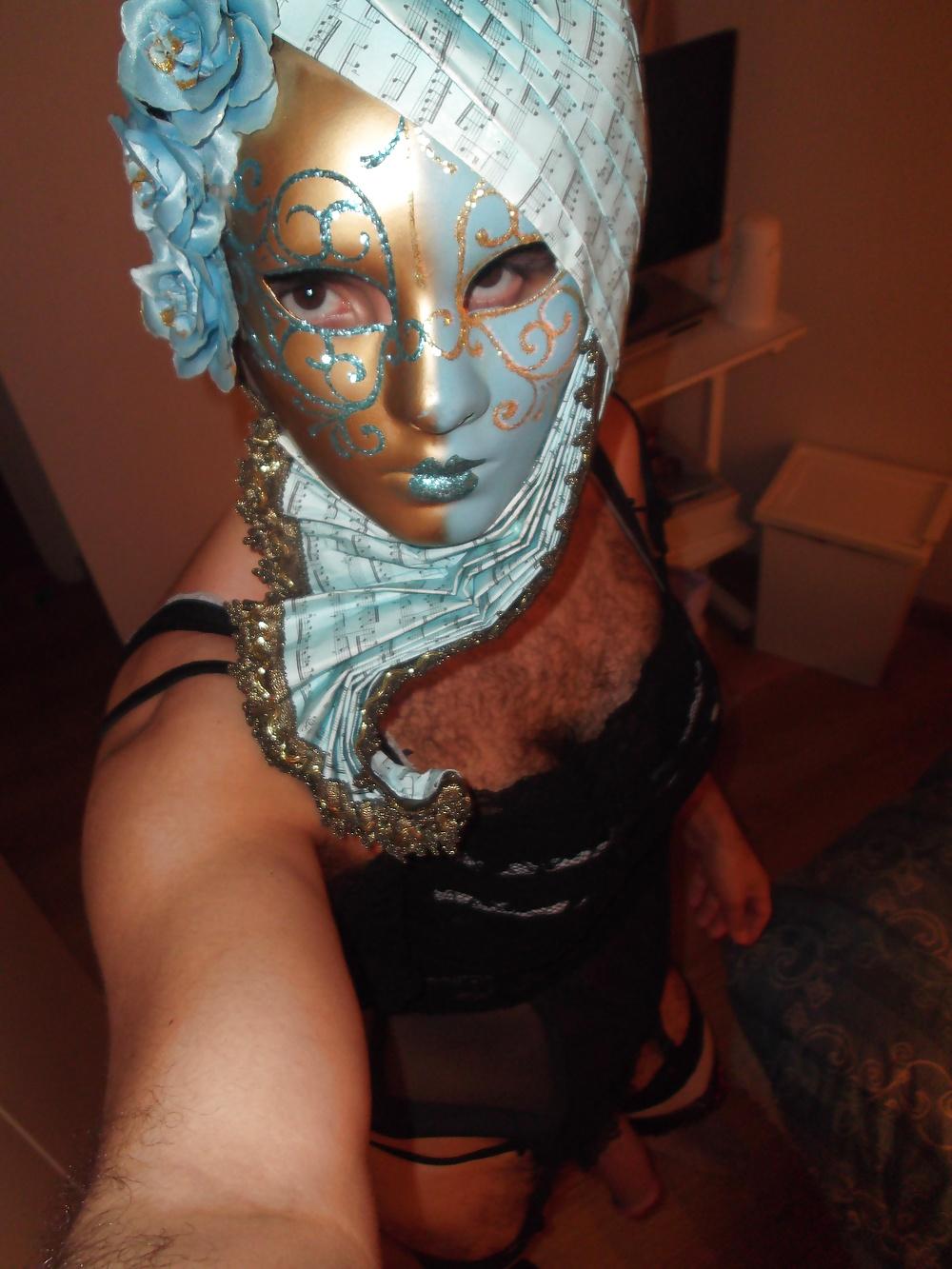 18P Crossdresser black sexy lingerie stockings and mask
