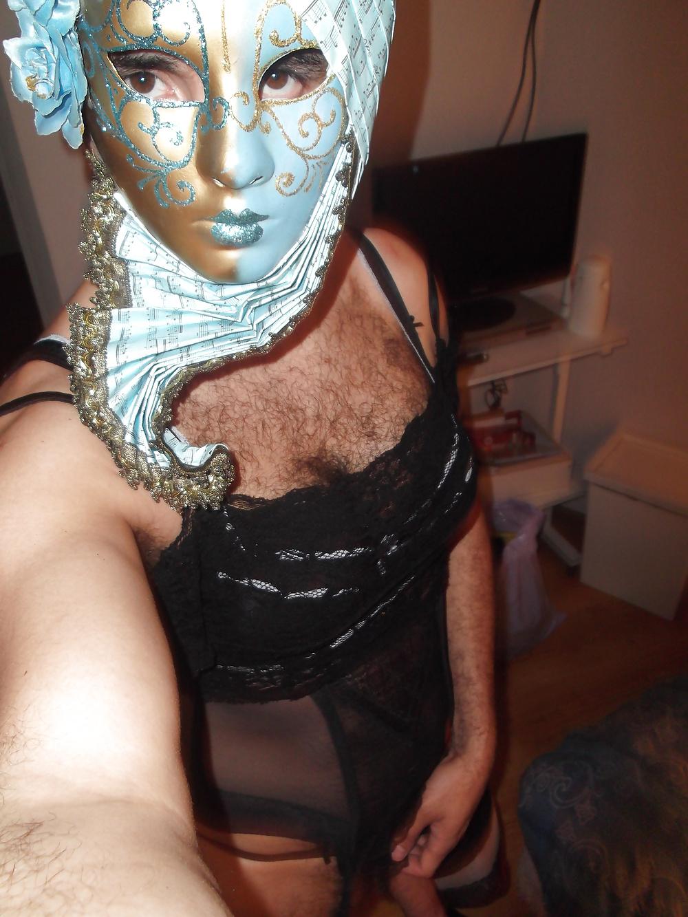 18P Crossdresser black sexy lingerie stockings and mask