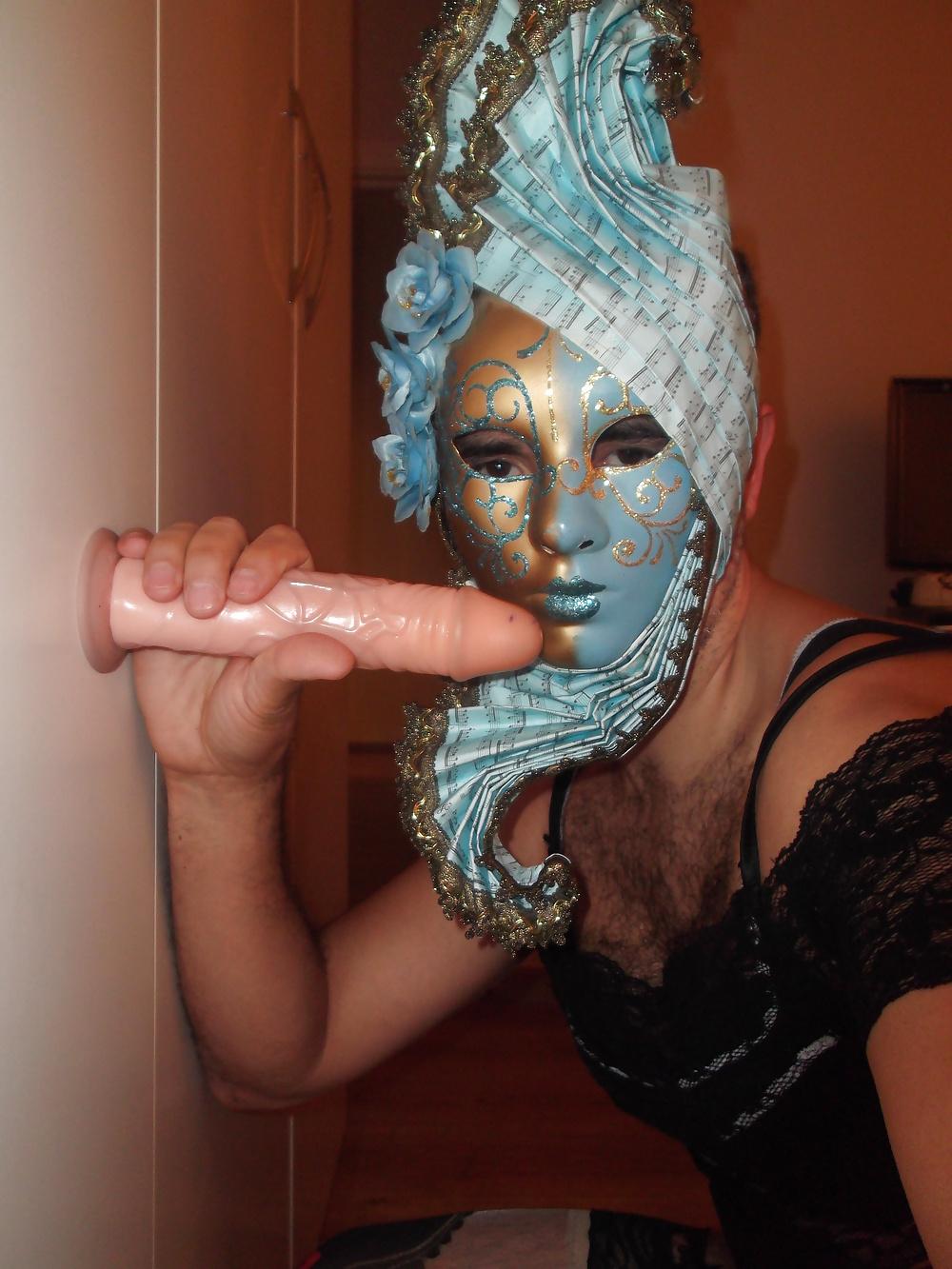 18P Crossdresser black sexy lingerie stockings and mask