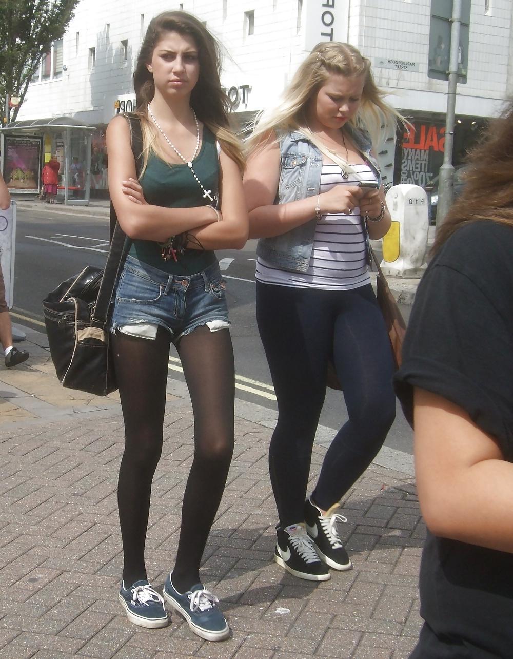 12P Street candids in black pantyhose and leggings 