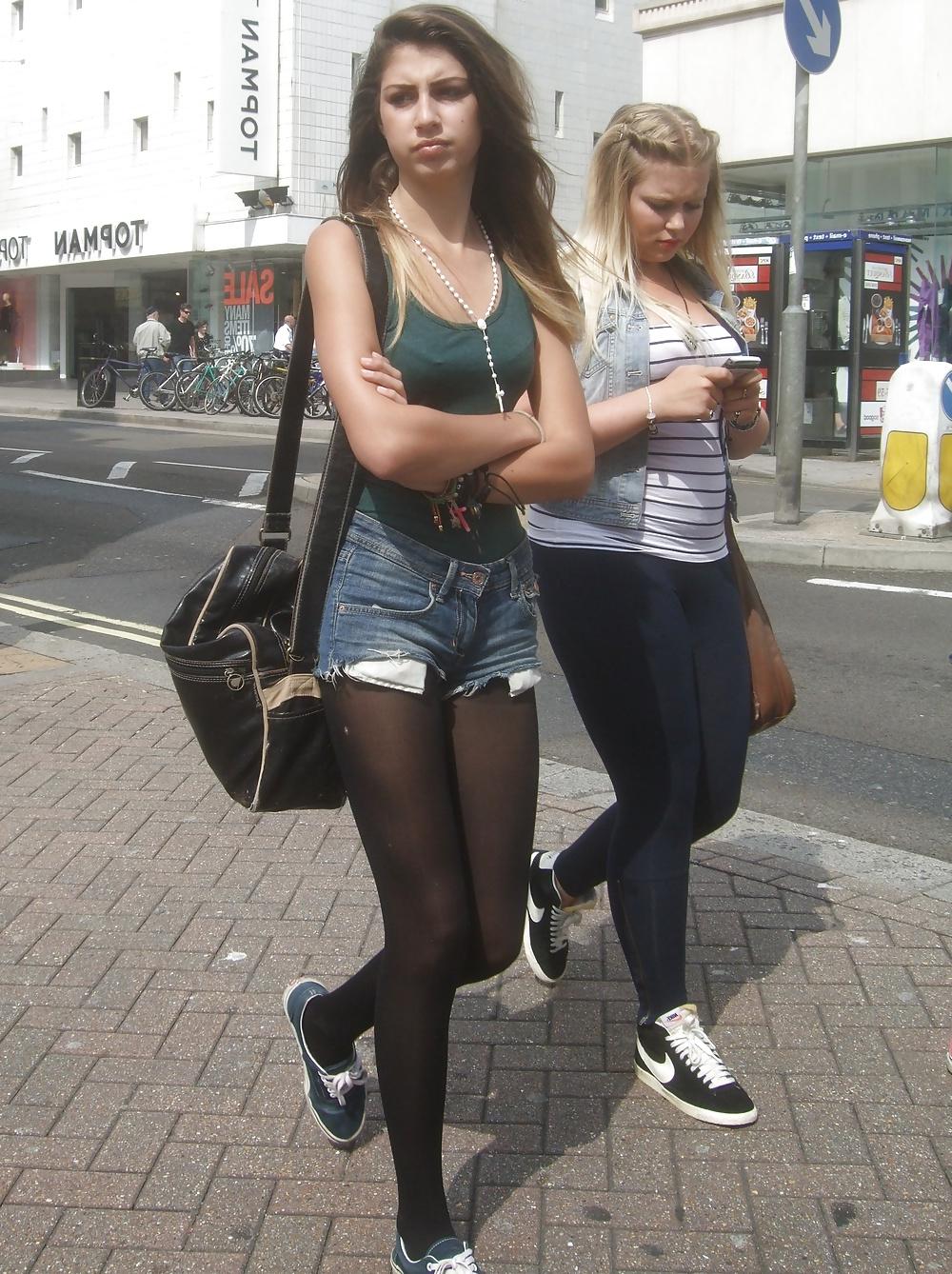 12P Street candids in black pantyhose and leggings 