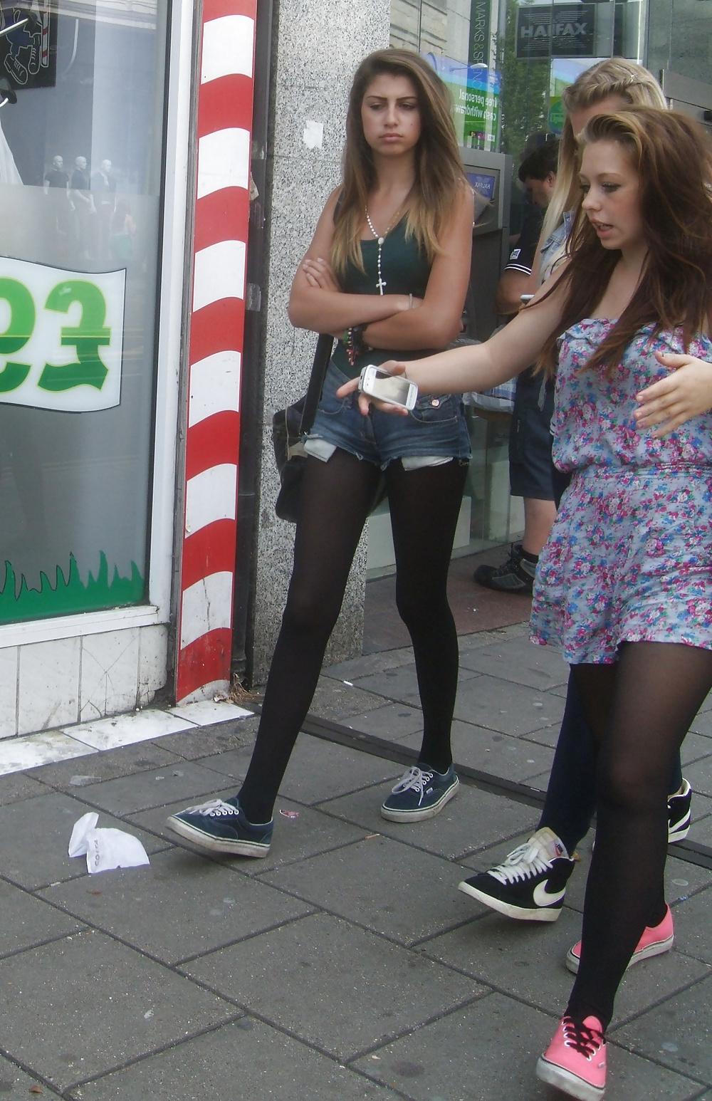 12P Street candids in black pantyhose and leggings 