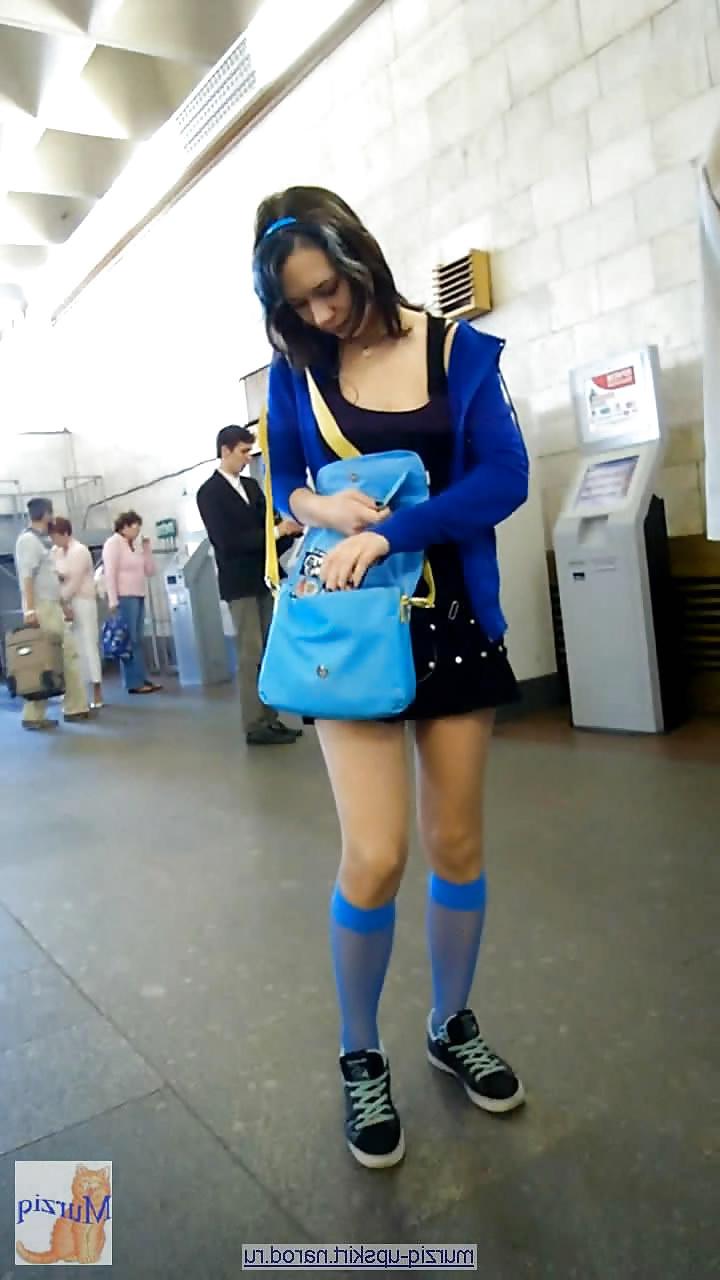 6P Pantyhose in the street-Looking up her skirt.10