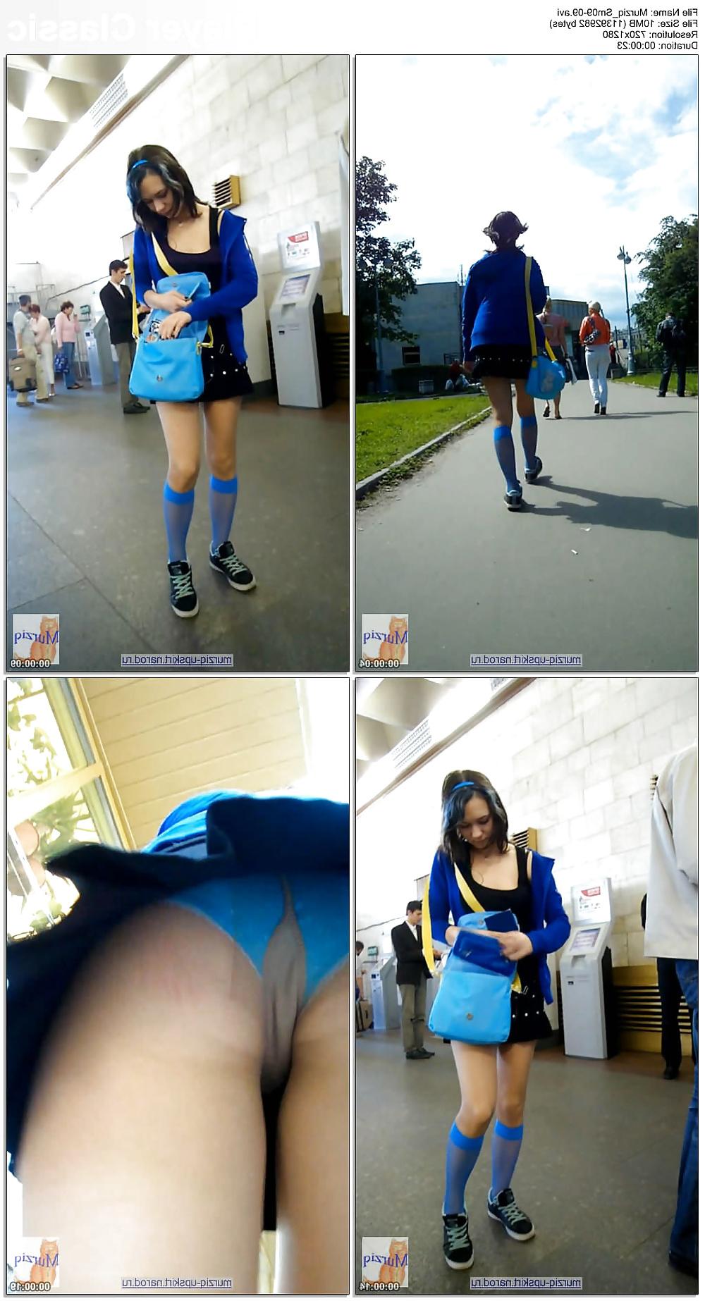 6P Pantyhose in the street-Looking up her skirt.10