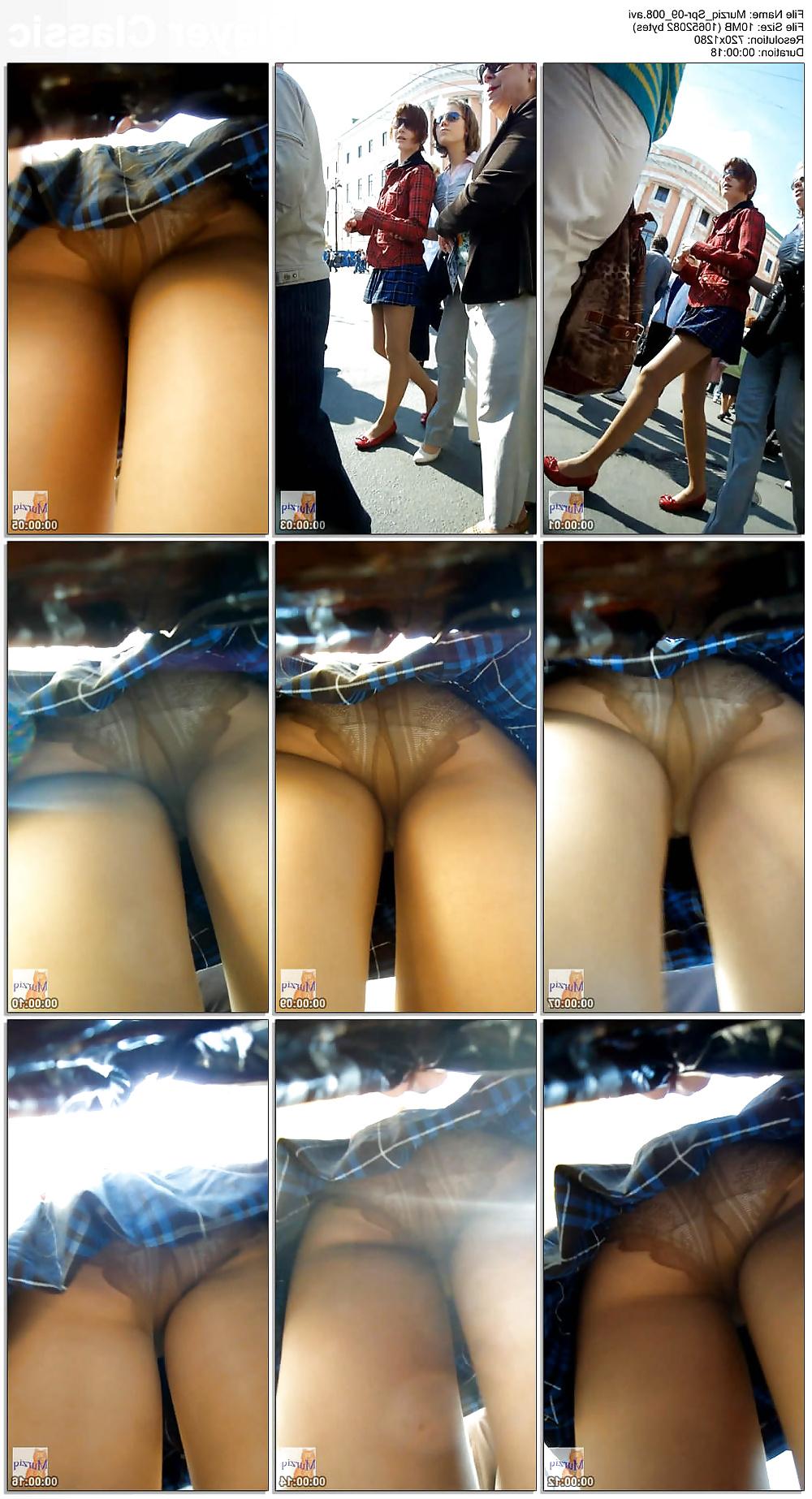 6P Pantyhose in the street-Looking up her skirt.7