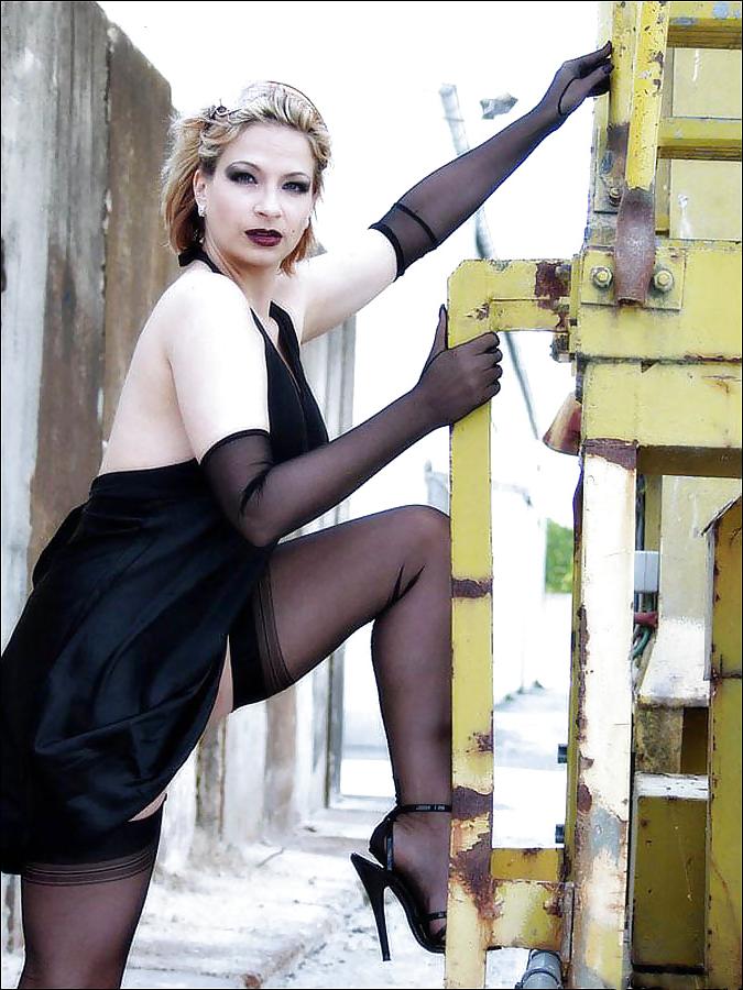 20P German lady climbs industrial stairs