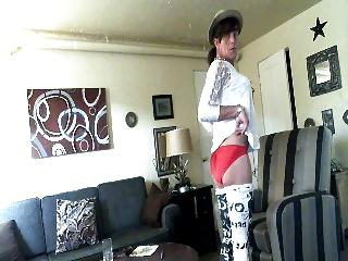 25P Crossdresser in tights and red silk panties
