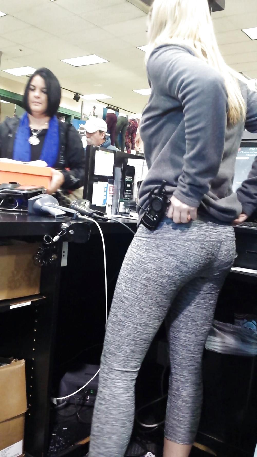 24P Candid cute young blonde in tight leggings yoga pants booty