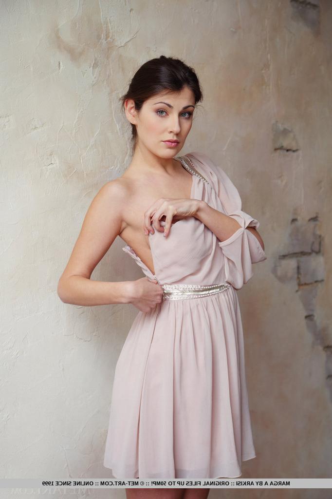 18P Long legged erotic model Marga A undressing to spread pussy lips