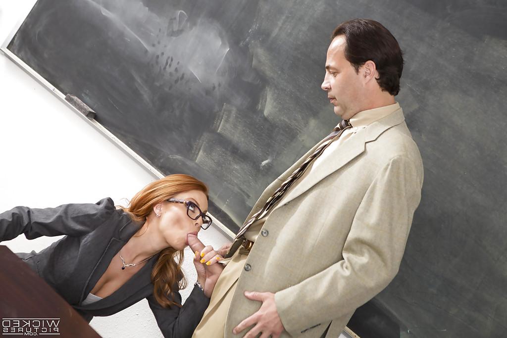 16P Nerdy redhead teacher Britney Amber sucking cock and balls in classroom