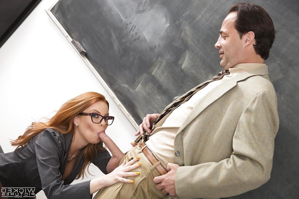 16P Nerdy redhead teacher Britney Amber sucking cock and balls in classroom