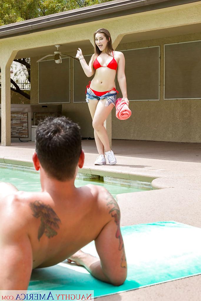 16P Bikini clad wife Dani Daniels exposing big tits before jerking cock in pool