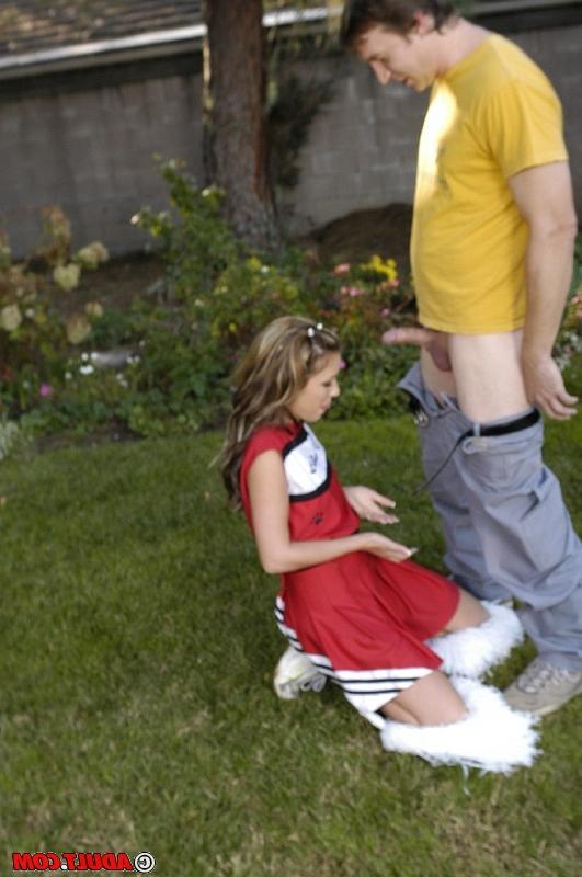 16P Slutty cheerleader gets tricked into blowjob with ball licking outdoor