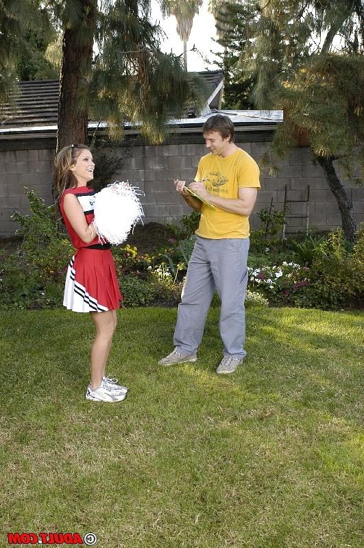 16P Slutty cheerleader gets tricked into blowjob with ball licking outdoor