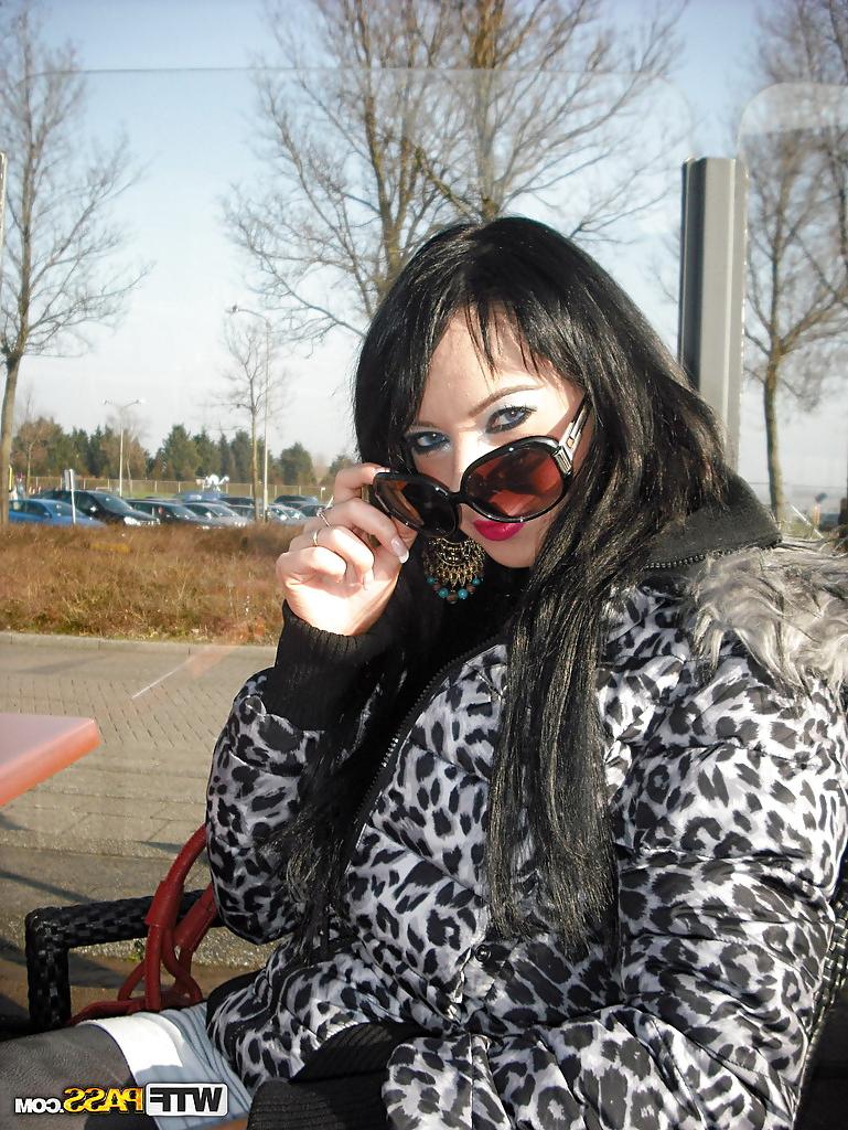 12P Lustful brunette babe in sunglasses uncovering her fuckable curves outdoor