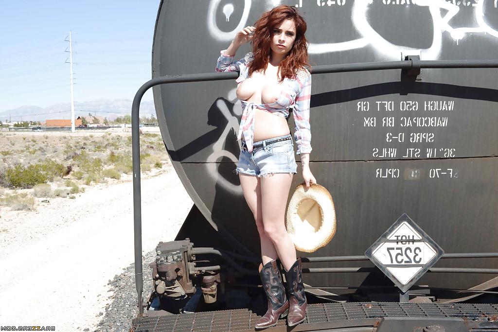 16P Huge tit redhead Ashley undressing cowboy suit and showing tits