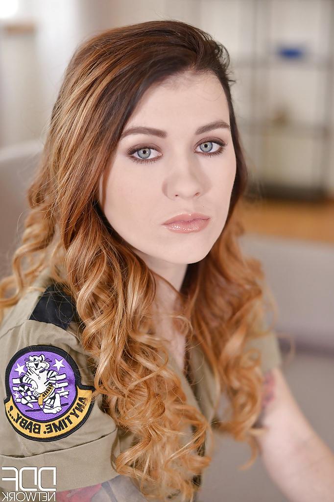 16P Military uniform attired babe Misha Cross undressing to spread smooth pussy