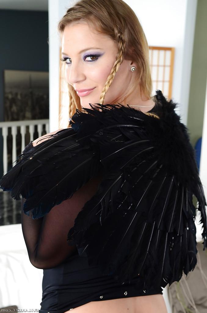 16P Sexy babe Aurora Snow taking off her lingerie and slipping on a strapon