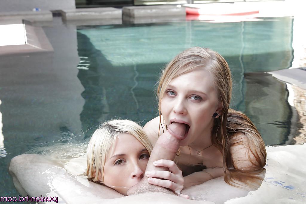 16P Teen pornstars Lily Rader and Piper Perri give ball licking BJ in pool