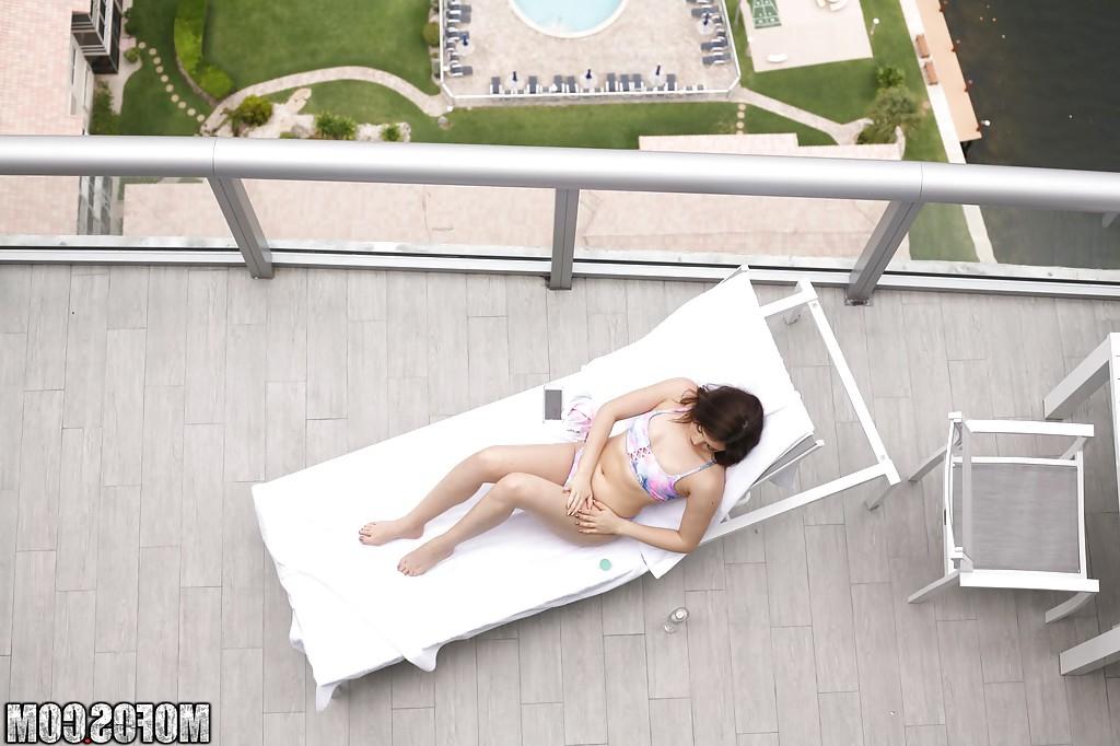 16P Brunette teen Kylie Quinn caught masturbating on balcony by voyeur