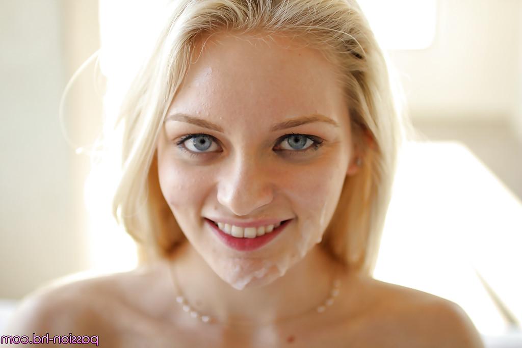 16P Blonde ball licker Alli Rae taking cumshot on face after giving blowjob