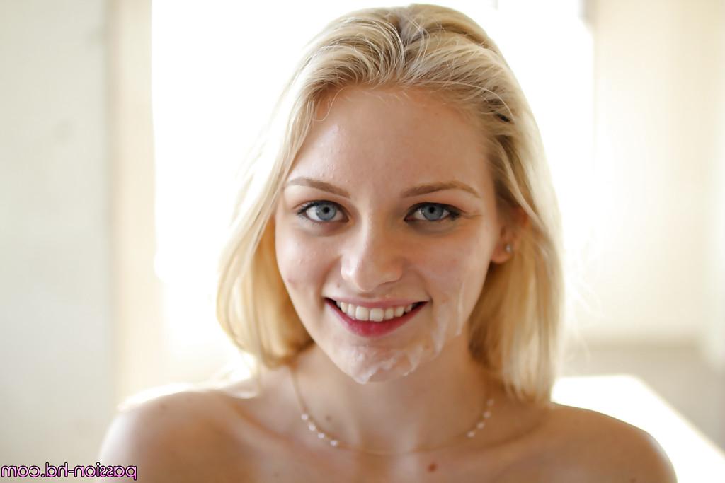 16P Blonde ball licker Alli Rae taking cumshot on face after giving blowjob