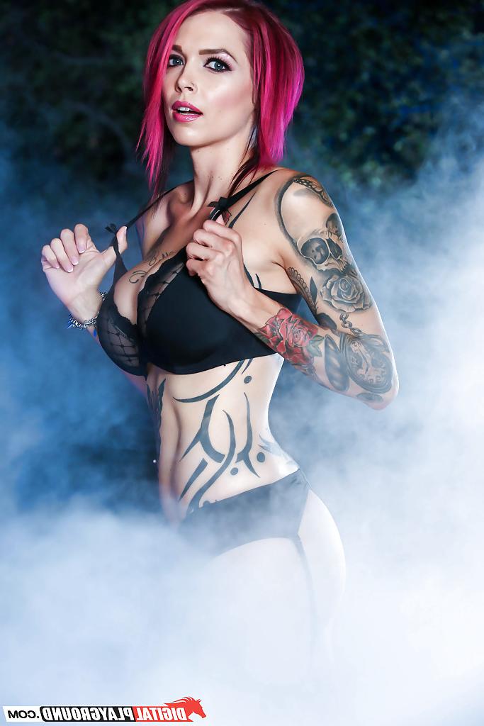 16P Tattooed redhead babe Monique Alexander exposes large tits and pierced nips
