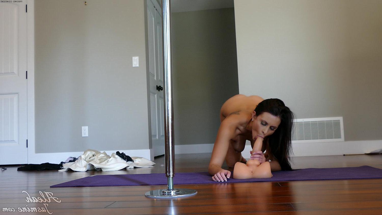 15P Aleah Jasmine works the stripper pole and then rides her dildo