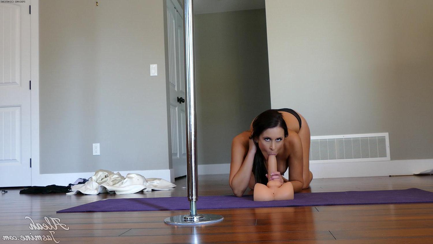 15P Aleah Jasmine works the stripper pole and then rides her dildo