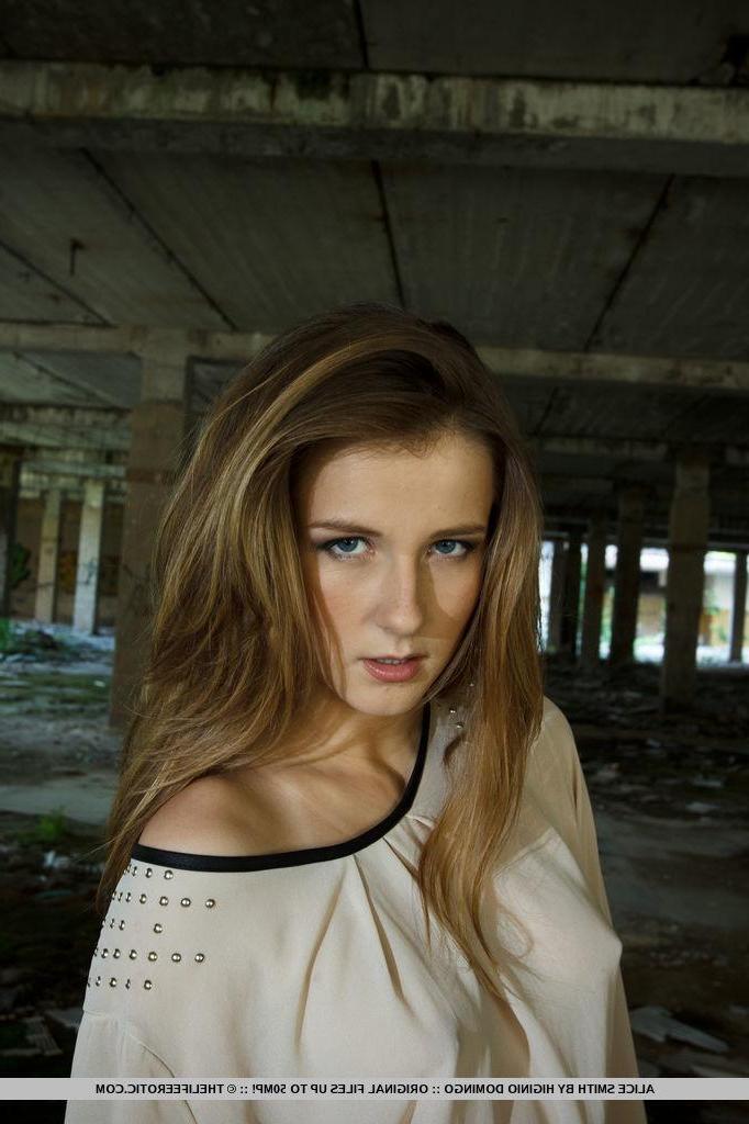 16P Brunette beauty Alice Smith fingers her tight pussy under a bridge