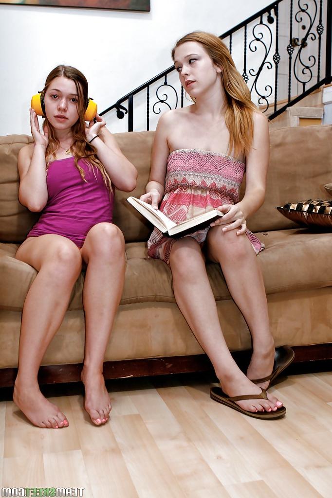 16P Dirty-minded step sisters have some lesbian fun on the sofa