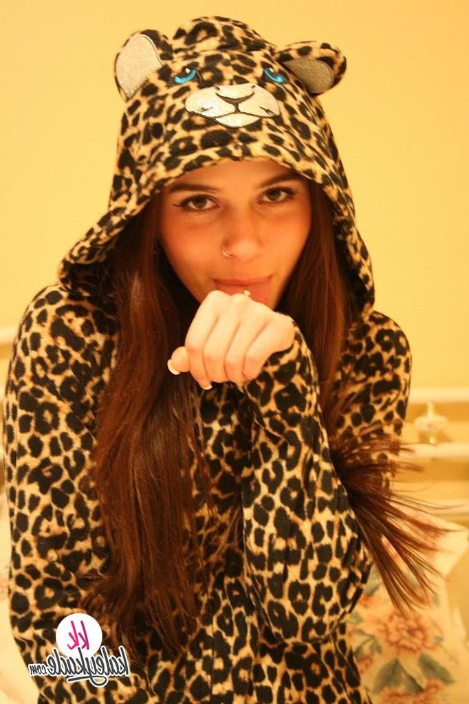 16P Hot teen Kaley Kade strips out of her leopard onesie and masturbates in bed