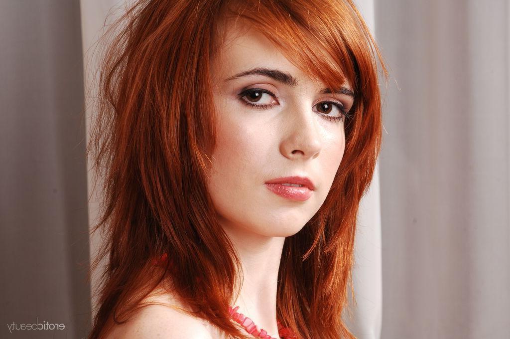 16P Redhead girl Masha F lifts her dress to touch her tight pussy