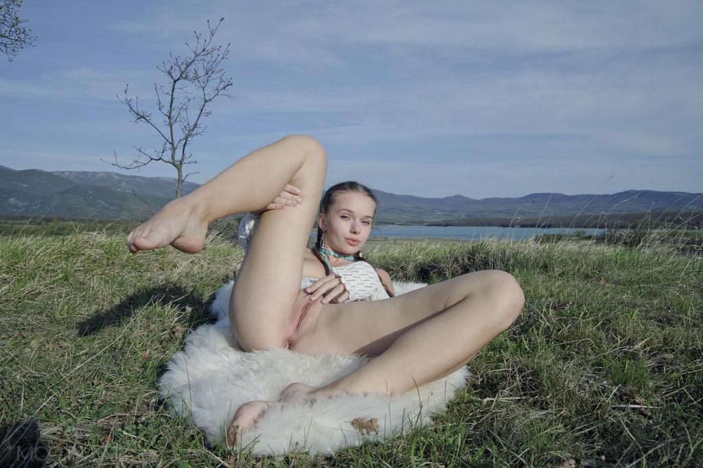 12P Milena D spreads her pink pussy for you on the beautiful landscape