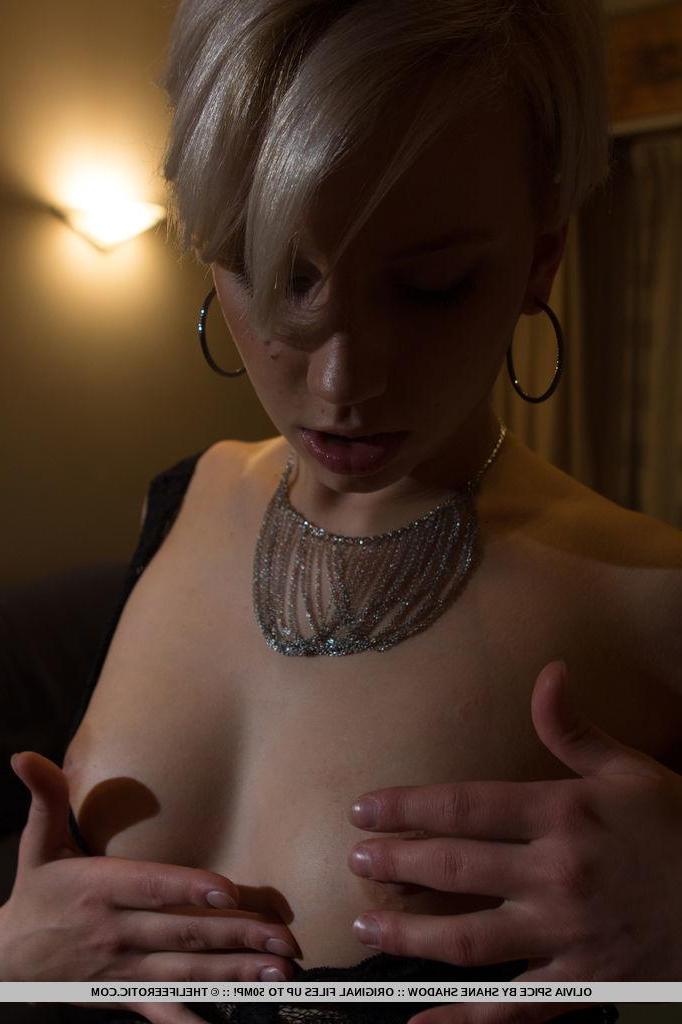 16P Blonde model Olivia Spice strips out of her black lace