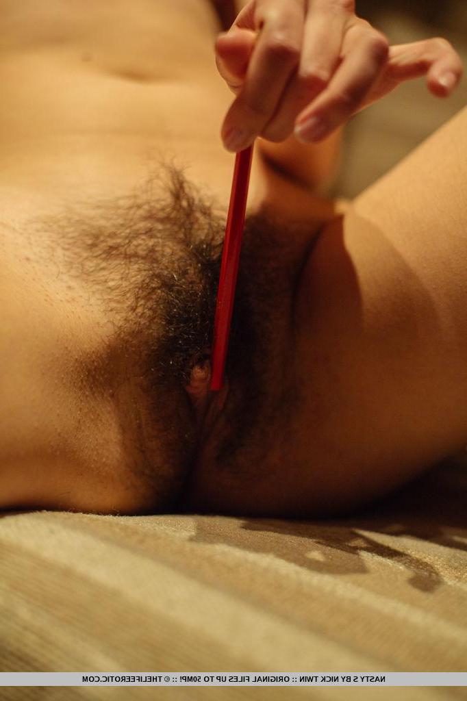 16P Brunette girl Nasty S strips and plays with her hairy pussy