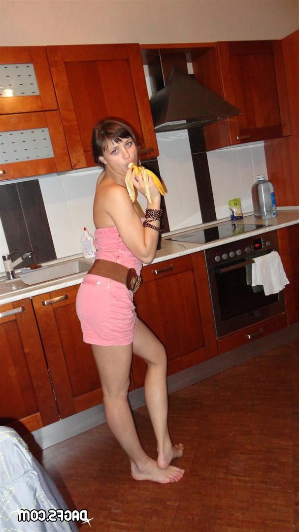 12P Brunette GF Julie shows off her tight pussy and perky tits in the kitchen
