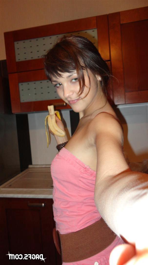 12P Brunette GF Julie shows off her tight pussy and perky tits in the kitchen