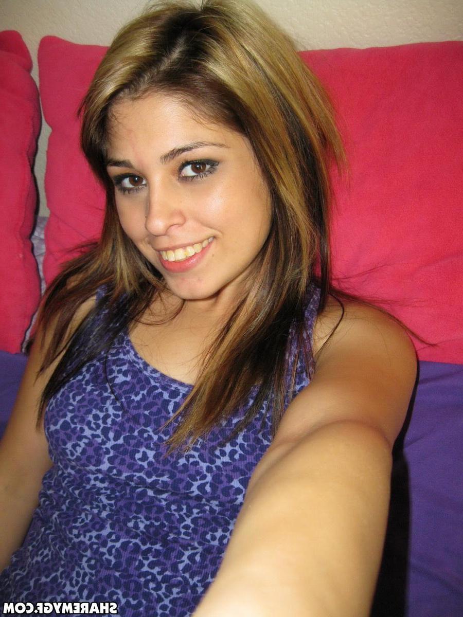 12P Cute girlfriend takes selfshot pictures in bed of her perky tits and tight little pussy