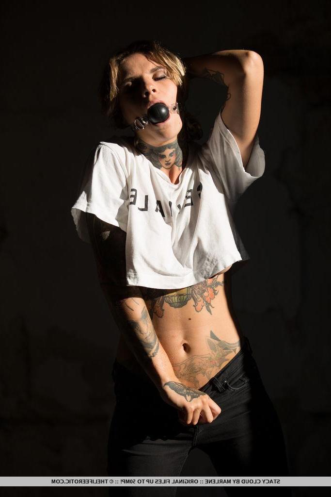 16P Busty alt babe Stacy Cloud gags and strips for you in "Sinner"