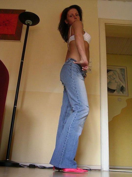14P Brunette GF poses in crotchless denim to show you her tight pussy
