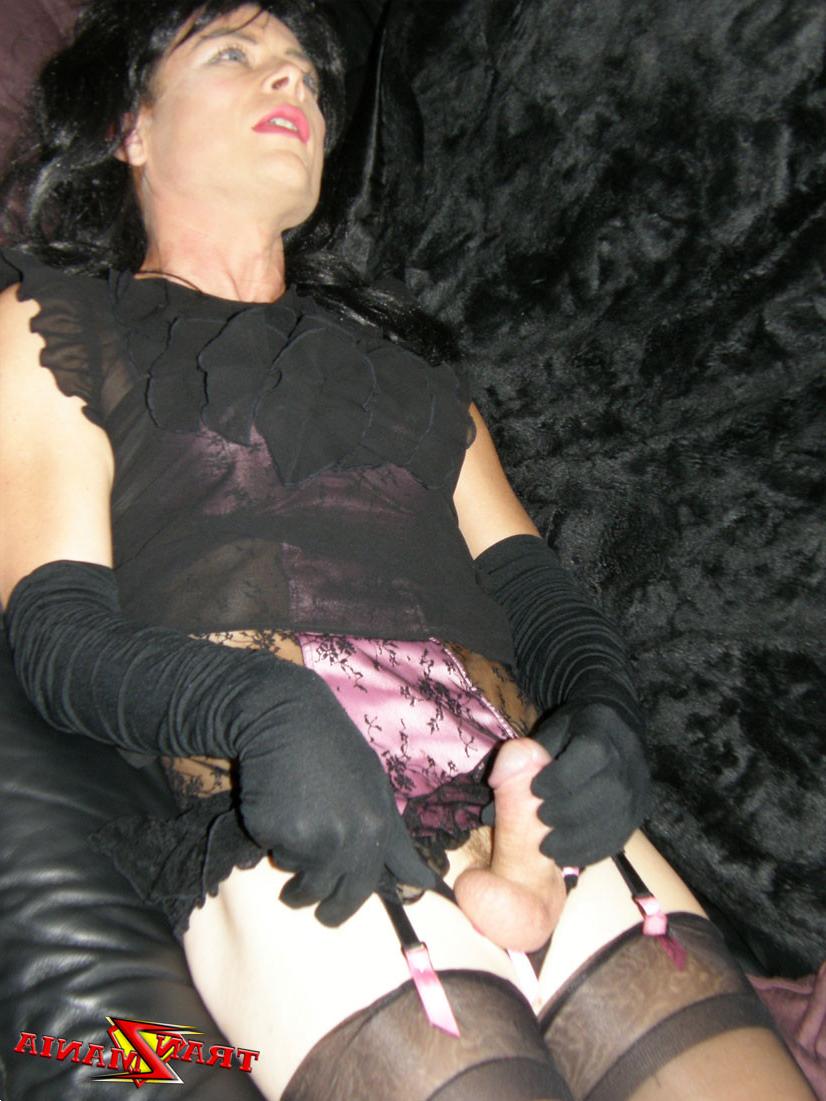 15P Filthy dark haired crossdresser masturbates her hard cock