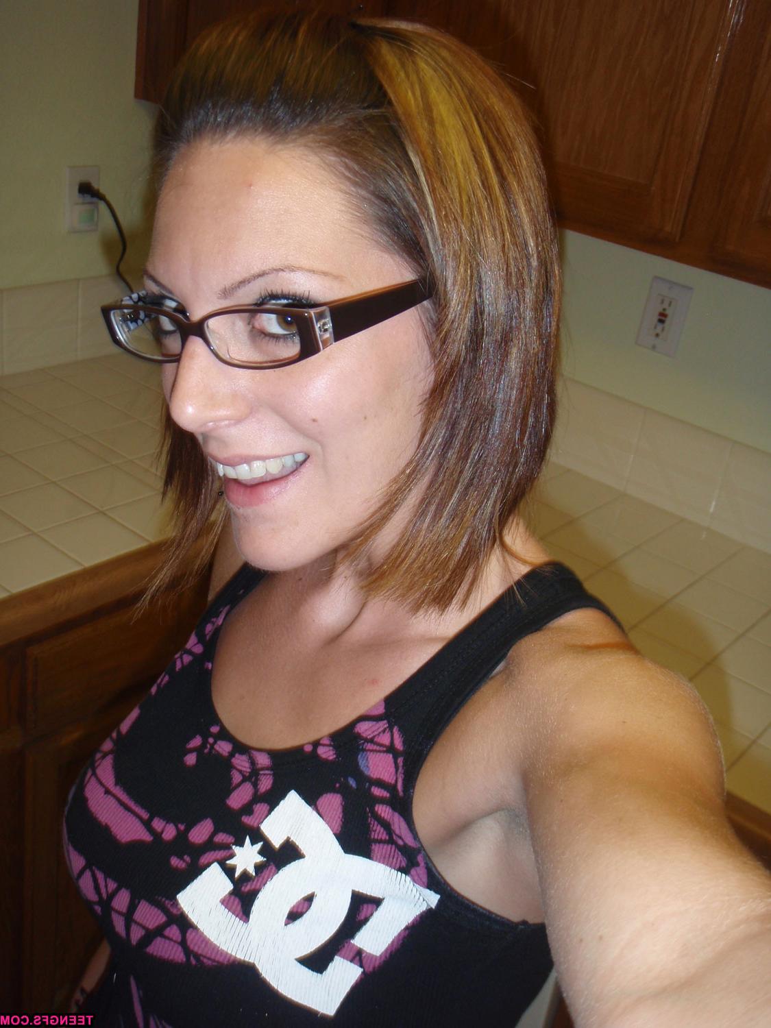 15P Hot nerdy girlfriend wearing glasses plays in the kitchen sink