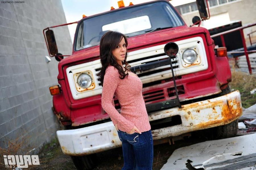 15P Bryci beautiful brunette stripping off by an old truck