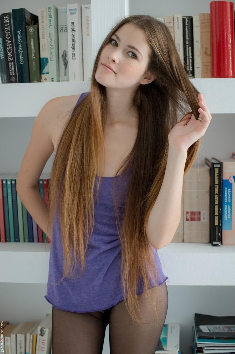 15P Gorgeous slender petite teen Vanessa peeling off her pantyhose
