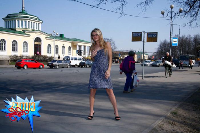 16P Fresh blonde teen poses topless on a busy street