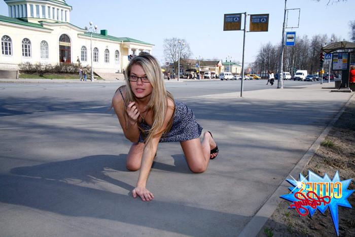 16P Fresh blonde teen poses topless on a busy street