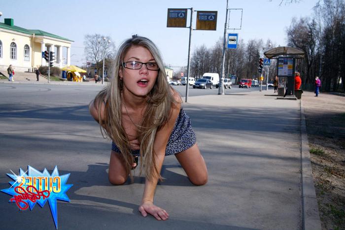 16P Blonde starlet lifts skirt on a quiet street