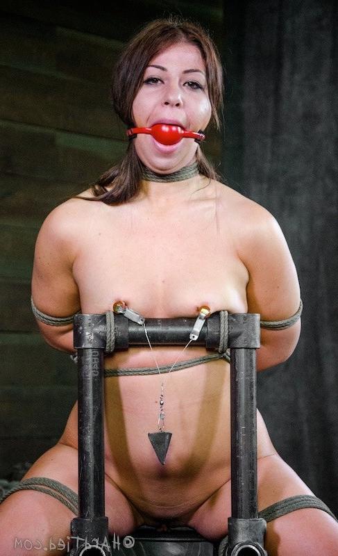 15P Mia Gold pigtails babe rope bound and mouth gagged with red ball